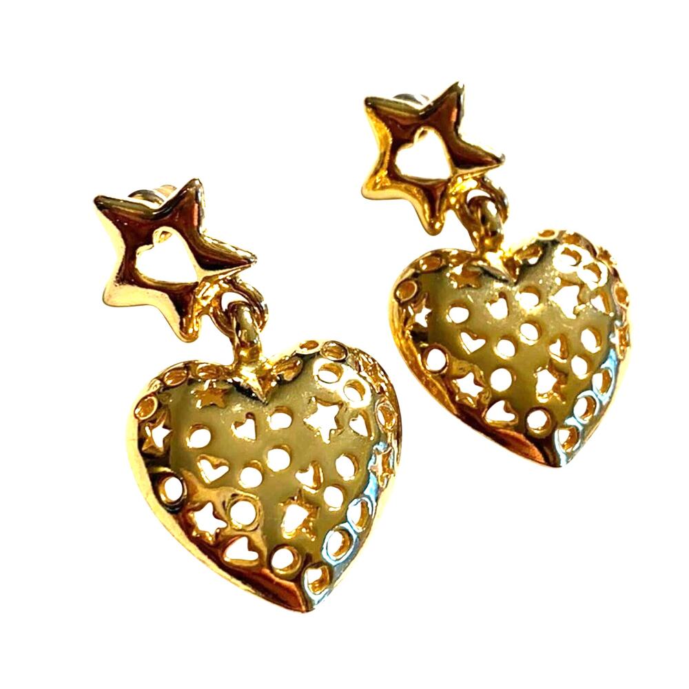 Romantic Pierced earrings goldtone heart shaped dangle & drop vintage 1980's